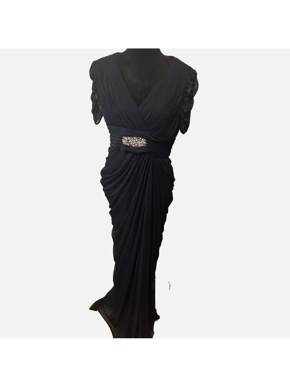 Adrienne Papell Women’s Maxi Chiffon Dress Gown 12 Ruched Jeweled Accent Wedding